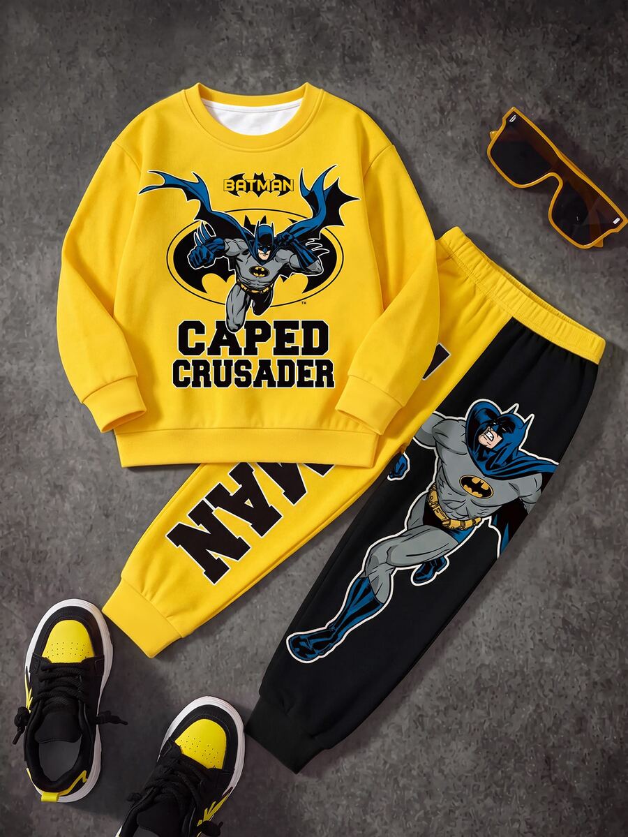 BATMAN X SHEIN Tween Boy Letter Print Long Sleeve Sweatshirt And Sweatpants Casual Set - White - View 1