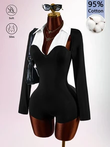 Amplova Women's POLO Back To School Season Waist-Cinched Traceable Cotton Fitted Jumpsuit - Black - View 2