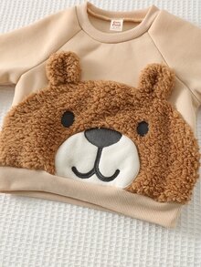 Cozy Pixies 兒童小男孩卡通熊圖案保暖內裡加厚圓領長袖套頭衛衣 秋冬款 - 杏色 - 查看 4