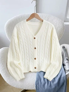 SHEIN Tween Girl Cable Knit Drop Shoulder Cardigan - White - View 7