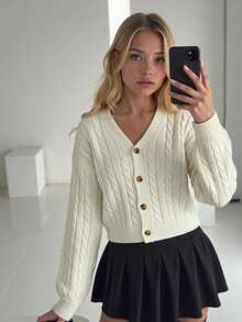 SHEIN Tween Girl Cable Knit Drop Shoulder Cardigan - White - View 1