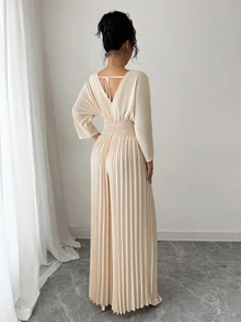 Rafferiza 女士纯色重叠 V 领蝙蝠袖褶皱阔腿连体裤 - 杏色 - 查看 4