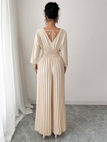 Rafferiza 女士纯色重叠 V 领蝙蝠袖褶皱阔腿连体裤 - 杏色 - 查看 2