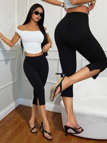 Sinnesro 女款純色休閒修身開衩七分內搭褲，適合健身女性、商務女性、上衣搭配、老錢風、教師，夏季穿著，適合嬌小女性 - 黑色 - 查看 3