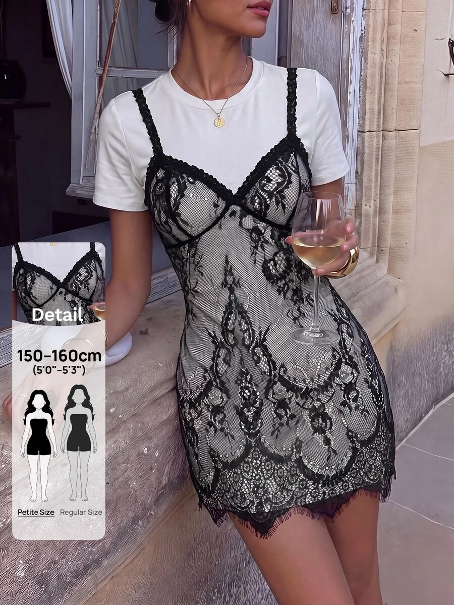 Sinnesro Lace Patchwork White Charcoal Gray Short Dress,Petite Women Night Out Summer Sexy - Black and White - View 1