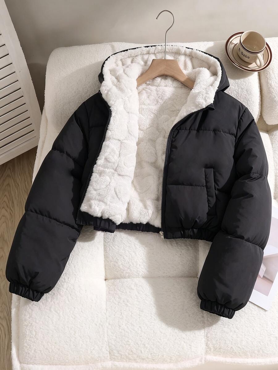 SHEIN Tween Girls Winter Coats - Black - View 1