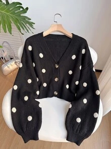 Solflare Plus Size Women's Autumn/Winter Black And White Long Sleeve Cardigan School College Office Work 90s 1960s Cute - Multicolor - View 2
