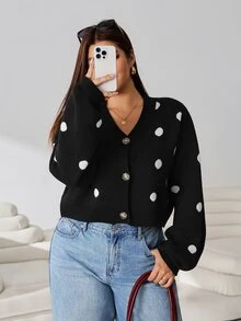 Solflare Plus Size Women's Autumn/Winter Black And White Long Sleeve Cardigan School College Office Work 90s 1960s Cute - Multicolor - View 4