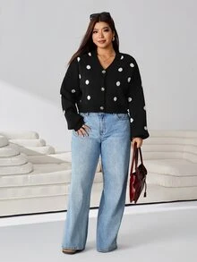 Solflare Plus Size Women's Autumn/Winter Black And White Long Sleeve Cardigan School College Office Work 90s 1960s Cute - Multicolor - View 6