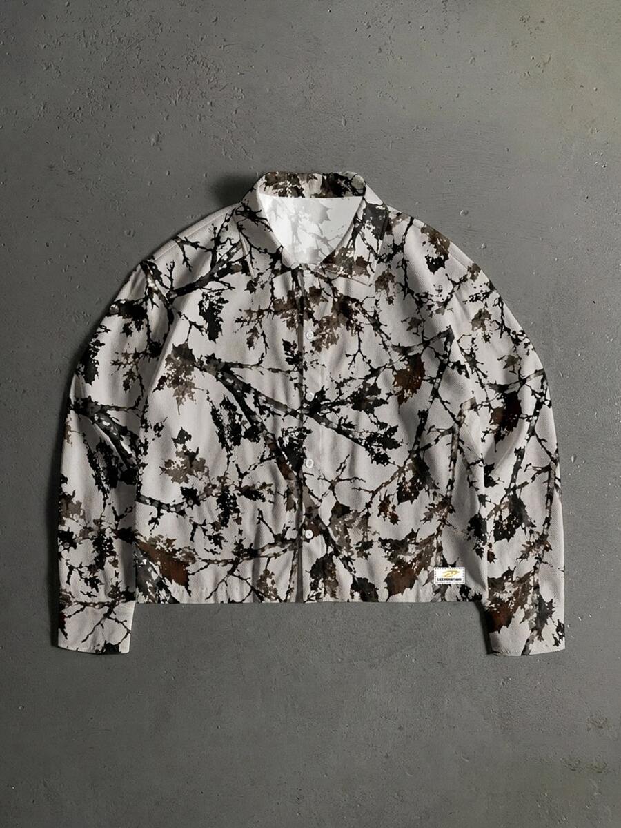 Manfinity ZONE917 American Vintage Boxy Loose Fit Fashion Dry Branch Label Print Tag Size Long Sleeve Cropped Shirt - Multicolor - View 1