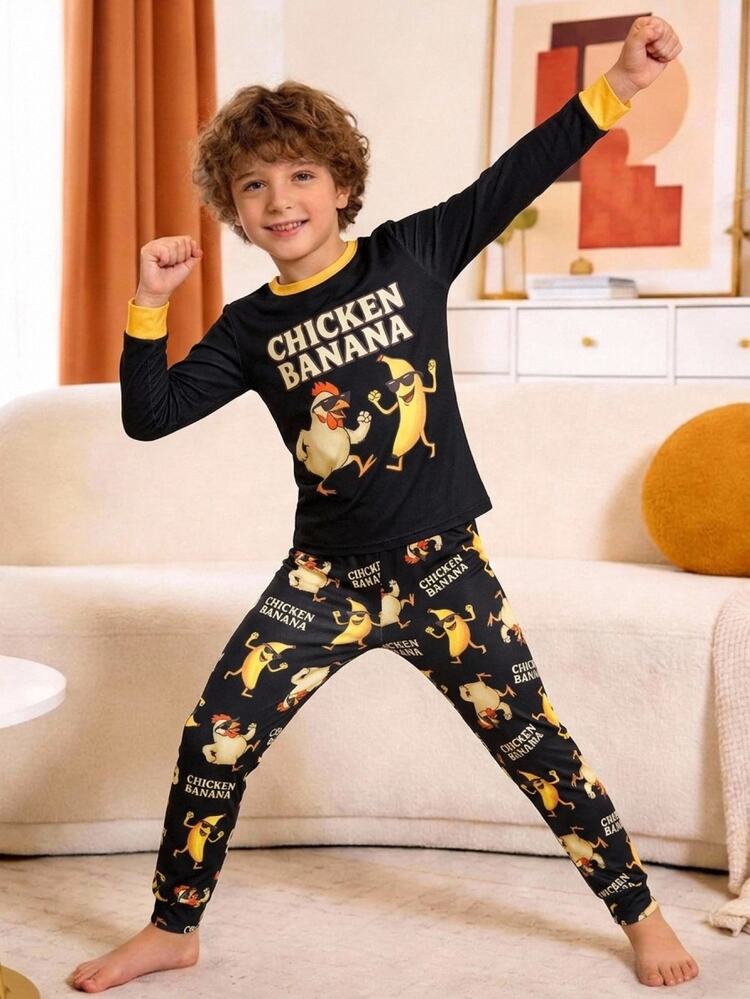 SHEIN Tween Boy Cartoon & Letter Graphic Contrast Binding Tee & Pants Pajamas Set - Black - View 6