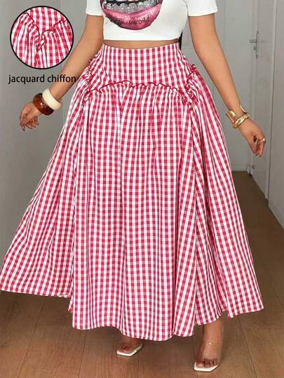 Maweii Plus Size Plaid Pleated Long Skirt, Summer Fall