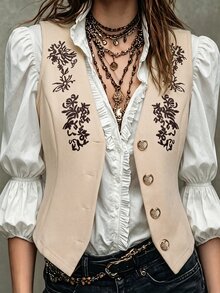 SHEIN LilyWest Women's Floral Print Single-Breasted Casual Vest Jacket - Apricot - View 1