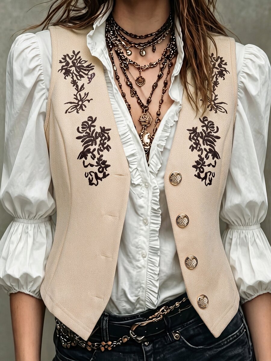 SHEIN LilyWest Women's Floral Print Single-Breasted Casual Vest Jacket - Apricot - View 1