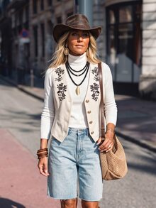SHEIN LilyWest Women's Floral Print Single-Breasted Casual Vest Jacket - Apricot - View 5