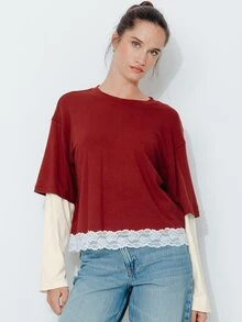 Pimkie Edition Women's Contrast Lace Round Neck 2 In 1 Long Sleeve Top - Red and White - View 1