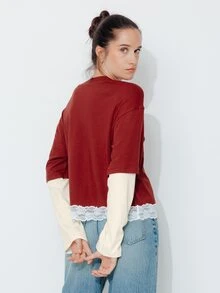 Pimkie Edition Women's Contrast Lace Round Neck 2 In 1 Long Sleeve Top - Red and White - View 2
