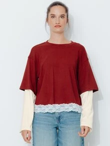 Pimkie Edition Women's Contrast Lace Round Neck 2 In 1 Long Sleeve Top - Red and White - View 4