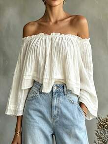 Glimmora Short Off-Shoulder Long Sleeve Top - Apricot - View 4