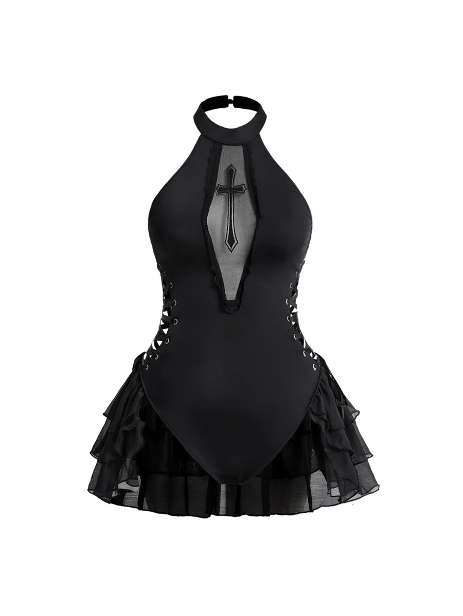 ROMWE Summer Gothic Beach Vacation Style Asymmetrical Hem Front Hollow Out Cross Embroidery Waist Cutout Tie-Up Plus Size Women's One-Piece - Black - View 1