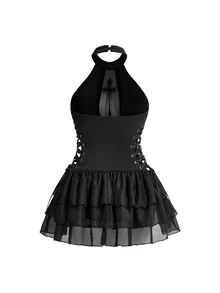 ROMWE Summer Gothic Beach Vacation Style Asymmetrical Hem Front Hollow Out Cross Embroidery Waist Cutout Tie-Up Plus Size Women's One-Piece - Black - View 2