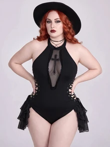 ROMWE Summer Gothic Beach Vacation Style Asymmetrical Hem Front Hollow Out Cross Embroidery Waist Cutout Tie-Up Plus Size Women's One-Piece - Black - View 3