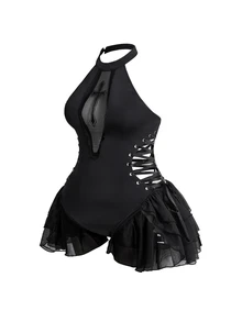 ROMWE Summer Gothic Beach Vacation Style Asymmetrical Hem Front Hollow Out Cross Embroidery Waist Cutout Tie-Up Plus Size Women's One-Piece - Black - View 4