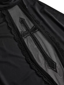 ROMWE Summer Gothic Beach Vacation Style Asymmetrical Hem Front Hollow Out Cross Embroidery Waist Cutout Tie-Up Plus Size Women's One-Piece - Black - View 6