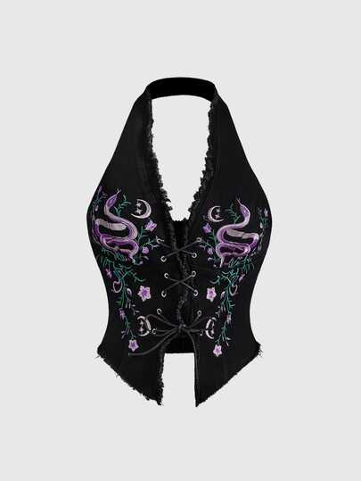 Dark Summer Gothic Snake Print & Floral Embroidered Halter Neck Slim Fit Denim Top