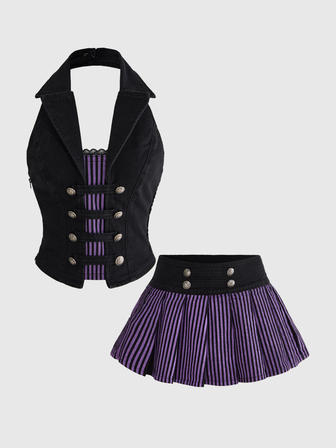 Goth Conjunto casual de mujer con top de tirantes y falda plisada en negro y púrpura de mezclilla