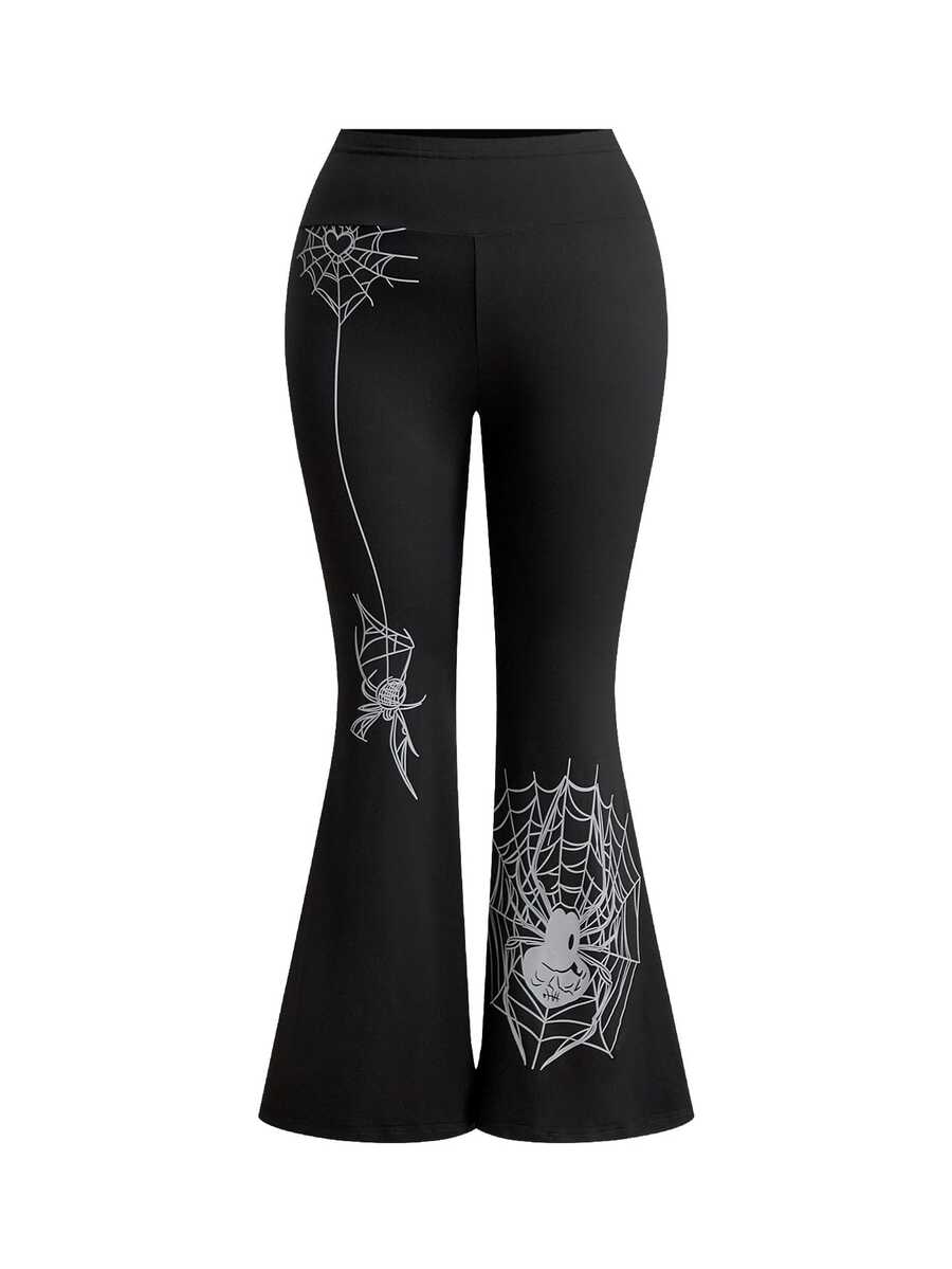ROMWE Goth 大码哥特蜘蛛印花高腰紧身喇叭裤 - 黑色 - 查看 1