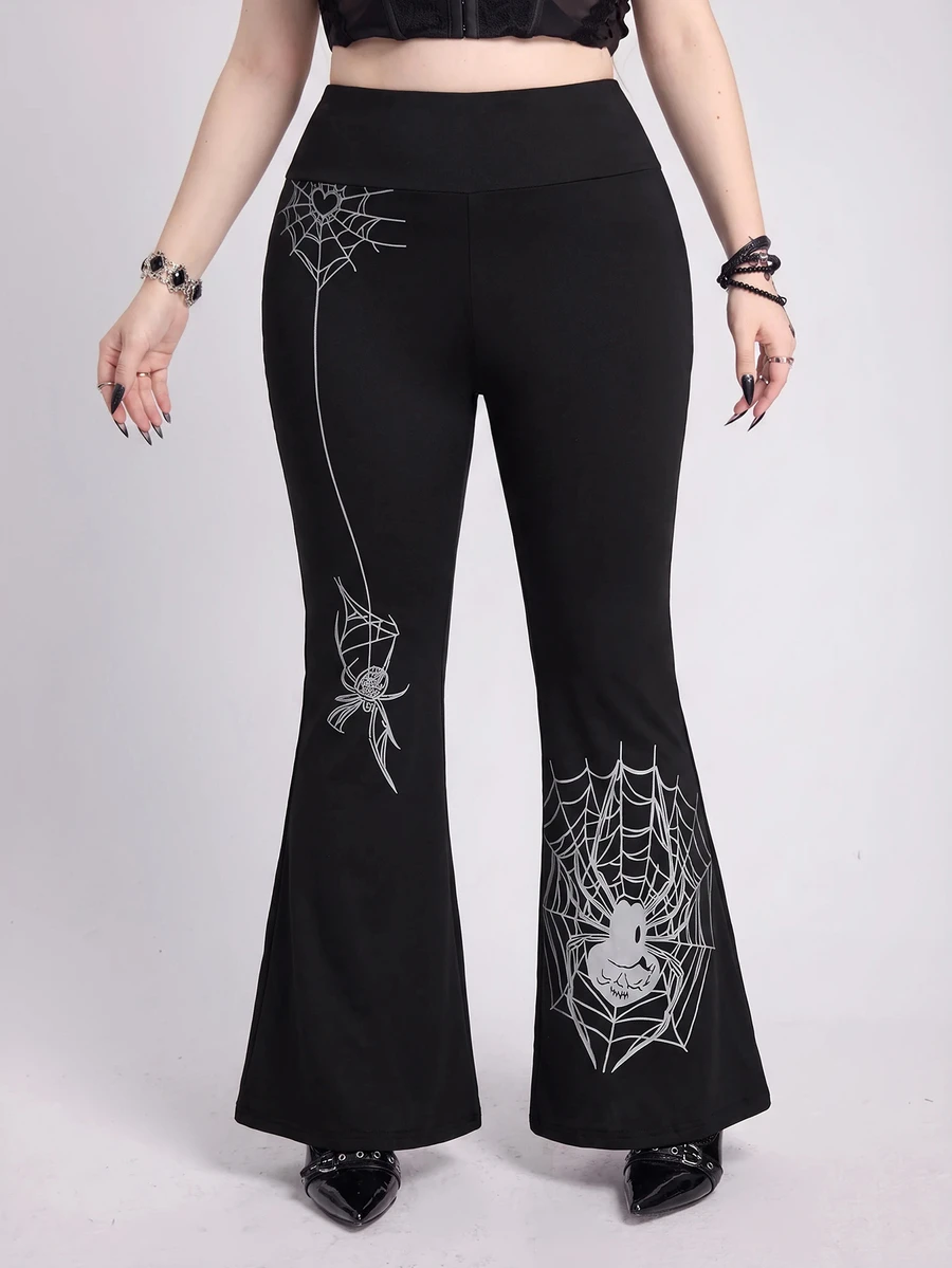 ROMWE Plus Size Gothic Spider Print High Waist Skinny Flare Pants Fall - Black - View 1