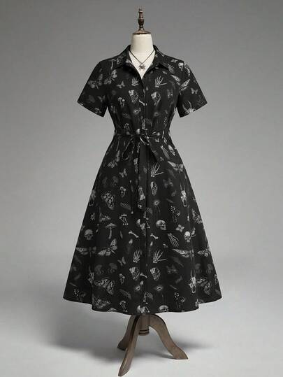 Goth Fairycore Vintage Dark Forest Pattern Loose Plus Size Long Shirt Dress