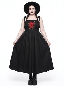 ROMWE Gothic Dark Heart, Floral & Thorn Embroidered Slit Hem Plus Size Dress, Halloween - Black - View 1