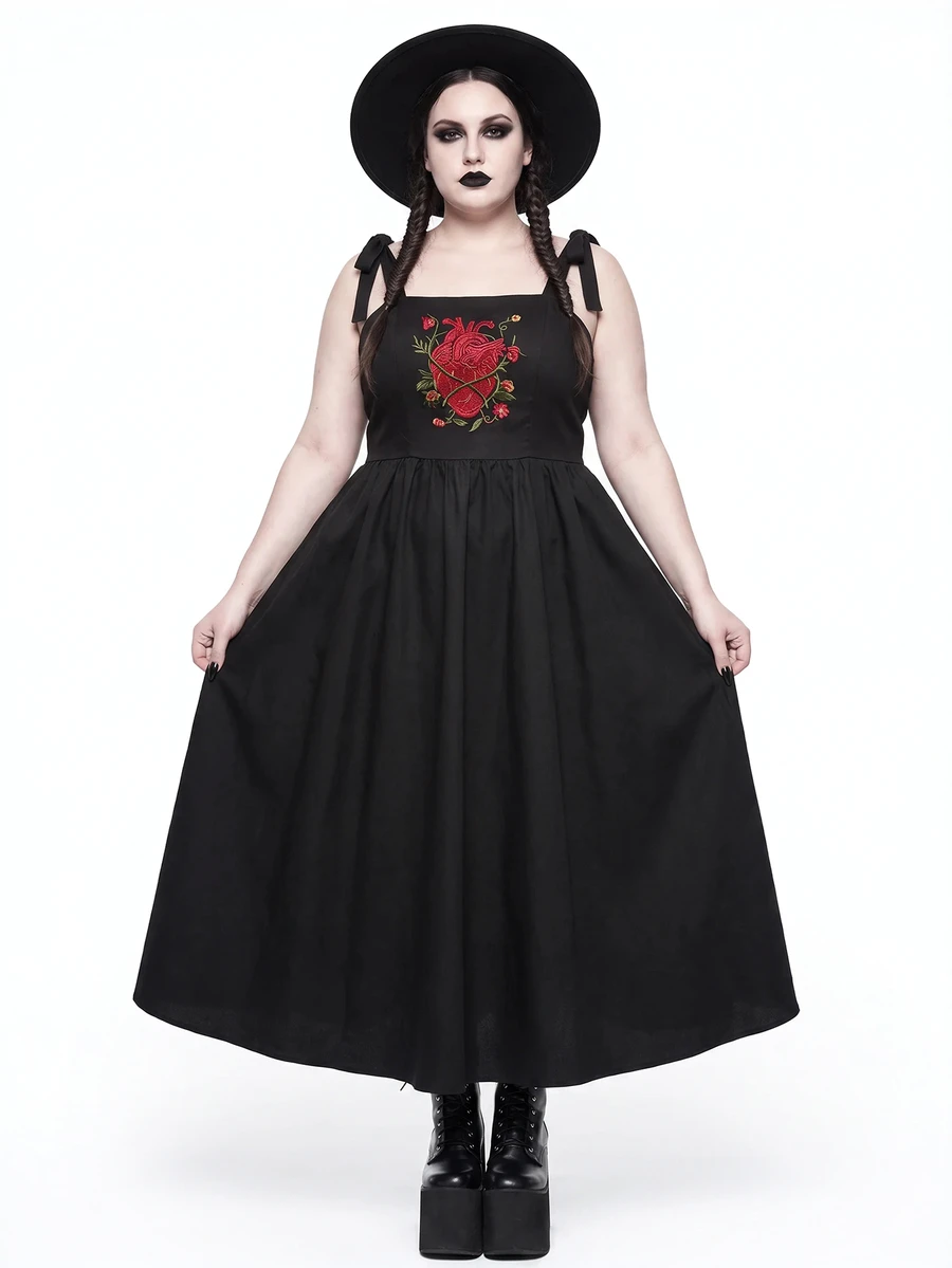 ROMWE Gothic Dark Heart, Floral & Thorn Embroidered Slit Hem Plus Size Dress, Halloween - Black - View 1