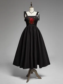 ROMWE Gothic Dark Heart, Floral & Thorn Embroidered Slit Hem Plus Size Dress, Halloween - Black - View 3