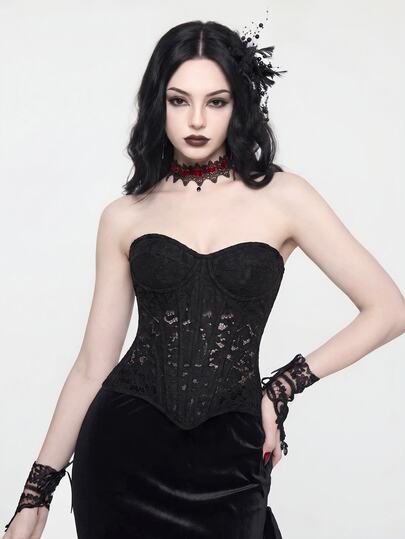 Goth Women's Elegant Lace Backless Bandeau Top, Black, Summer