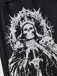 ROMWE Goth 夏季哥德風大尺碼女款骷髏印花休閒百搭日常穿著喇叭褲 秋季 - 黑色 - 查看 5