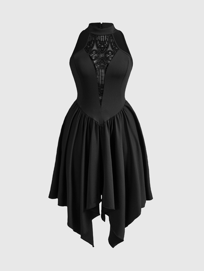 Robe gothique style épaules dénudées, patchwork en maille, col V profond, ourlet asymétrique