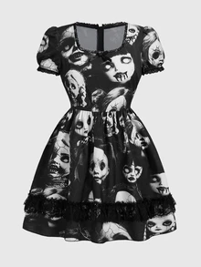 ROMWE Gothic Dark Witch Lace Patchwork Doll Print Plus Size Mini Dress For Women - Black - View 3