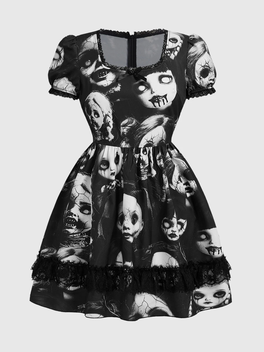 ROMWE Gothic Dark Witch Lace Patchwork Doll Print Plus Size Mini Dress For Women - Black - View 1