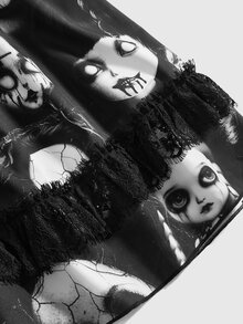ROMWE Gothic Dark Witch Lace Patchwork Doll Print Plus Size Mini Dress For Women - Black - View 5
