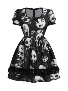 ROMWE Gothic Dark Witch Lace Patchwork Doll Print Plus Size Mini Dress For Women - Black - View 6