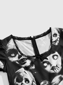 ROMWE Gothic Dark Witch Lace Patchwork Doll Print Plus Size Mini Dress For Women - Black - View 4