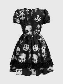 ROMWE Gothic Dark Witch Lace Patchwork Doll Print Plus Size Mini Dress For Women - Black - View 2