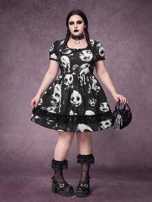 ROMWE Gothic Dark Witch Lace Patchwork Doll Print Plus Size Mini Dress For Women - Black - View 1