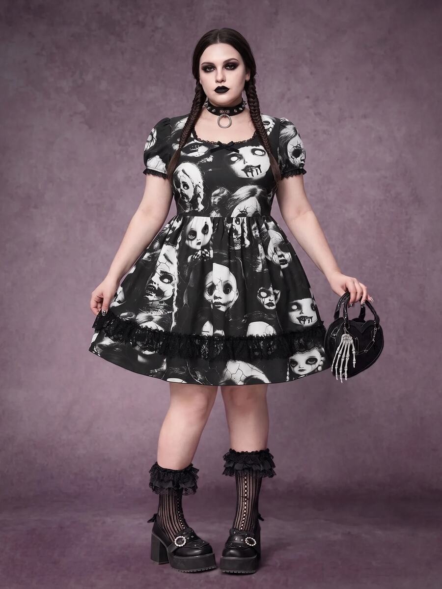 ROMWE Gothic Dark Witch Lace Patchwork Doll Print Plus Size Mini Dress For Women - Black - View 1