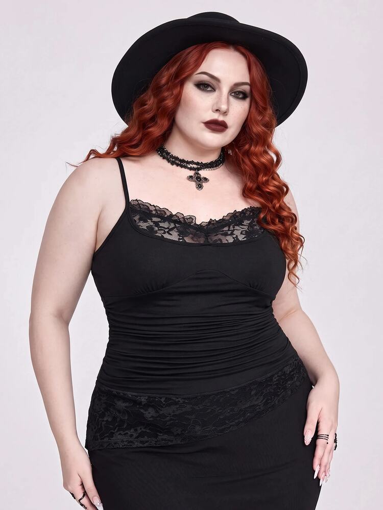 ROMWE Goth Camisola larga sexy de talla grande con encaje de mariposa, patchwork minimalista y versátil - Negro - Añade 1