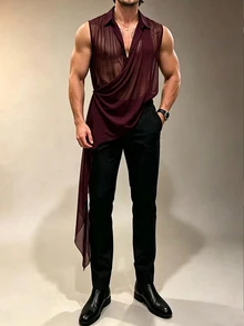 ZURIURI 男士夏季休閒外星度假風透視性感時尚無袖背心上衣，適合電音派對與雞尾酒會，酒紅色 - 酒紅色 - 查看 3