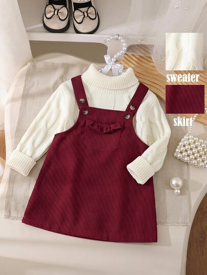 SHEIN Young Girl Baby Girl White High Neck Knit + Red Corduroy Overall Dress Set, Versatile Outfit, Comfortable, Autumn/Winter